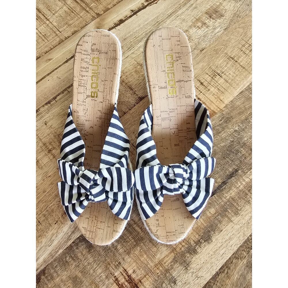 Chico's Striped Wedge Sandals Womens Size 8 Coastal Nautical Beach - Picture 2 of 10